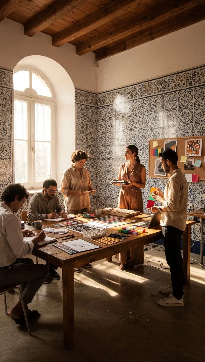 Rede de designers se conectando em estúdio compartilhado.